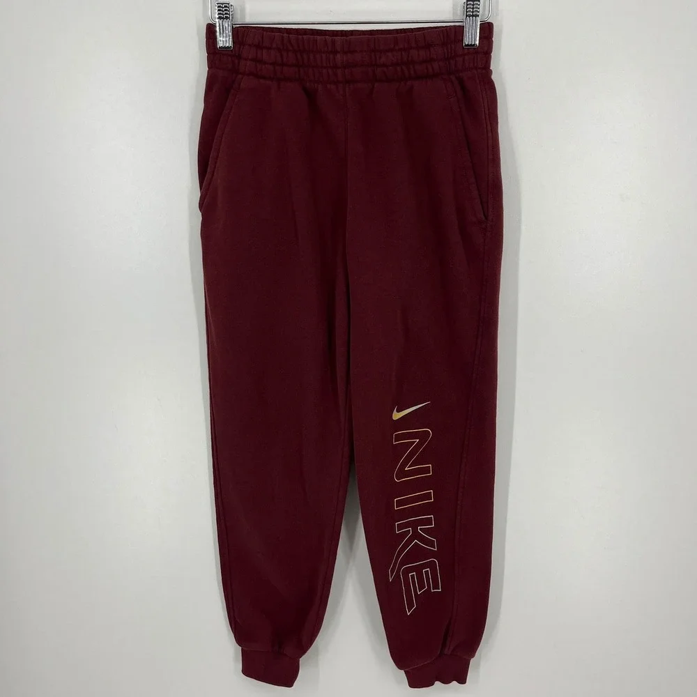 Nike Kids Maroon Fleece Jogger Sweatpants Large Vertical Logo Graphic Burgundy